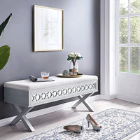 Banc de rangement Leick Home avec plateau relevable, miroir, filigrane en losange et base en X