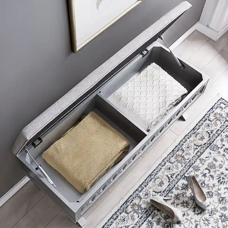 Banc de rangement Leick Home avec plateau relevable, miroir, filigrane en losange et base en X
