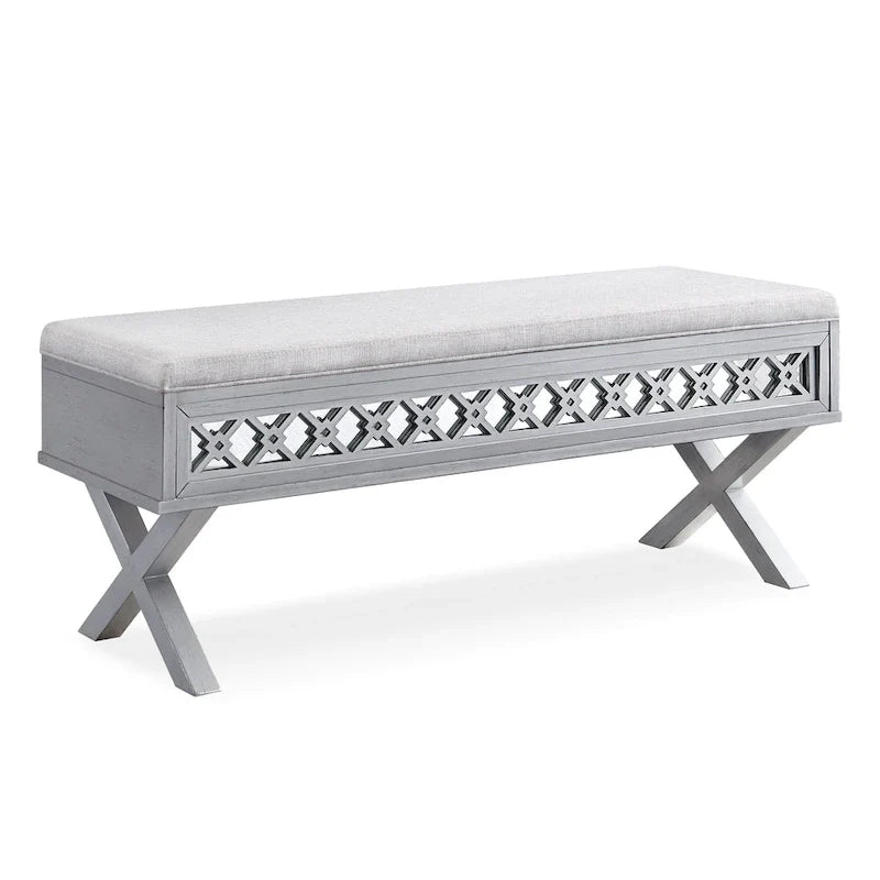Banc de rangement Leick Home avec plateau relevable, miroir, filigrane en losange et base en X
