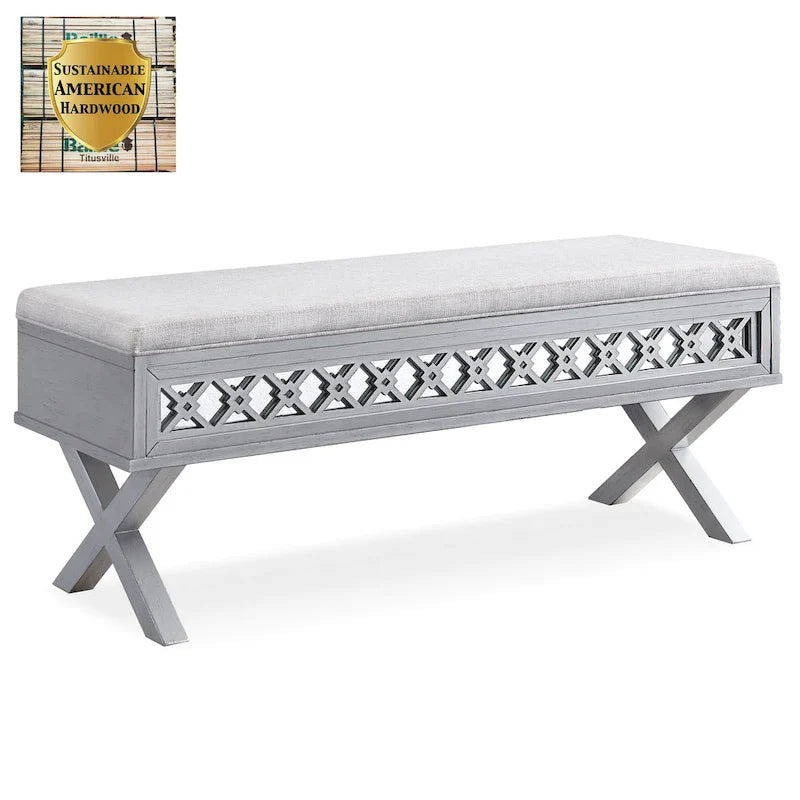 Banc de rangement Leick Home avec plateau relevable, miroir, filigrane en losange et base en X
