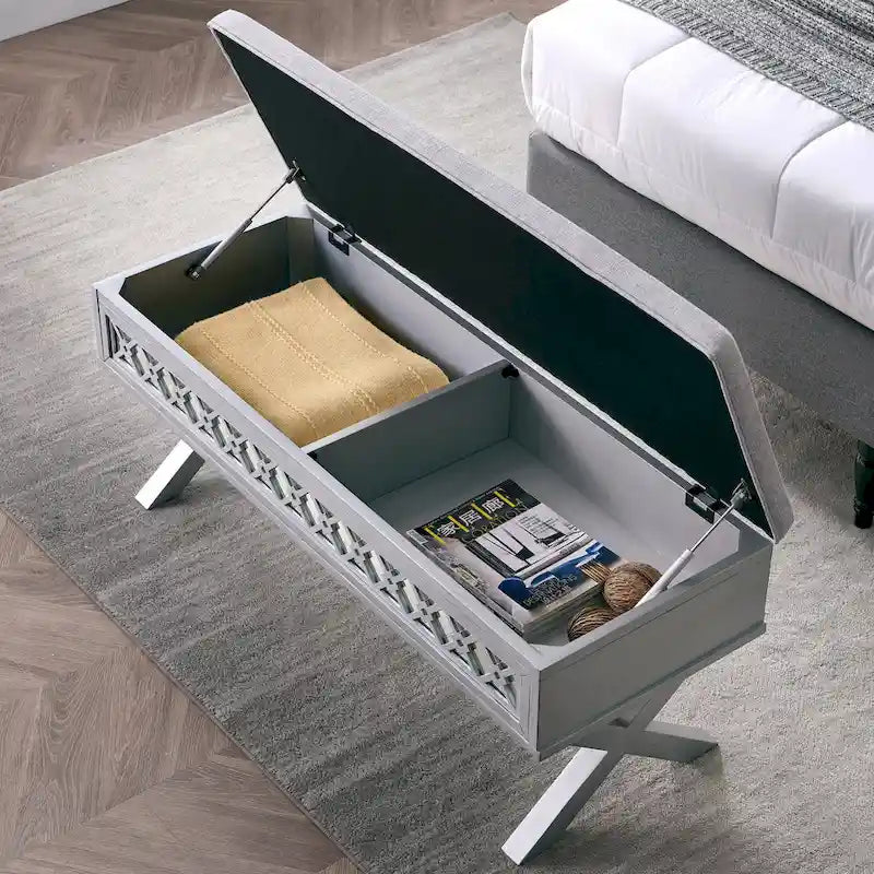 Banc de rangement Leick Home avec plateau relevable, miroir, filigrane en losange et base en X
