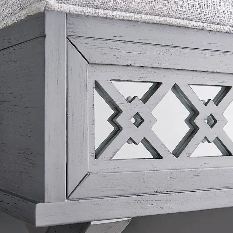 Banc de rangement Leick Home avec plateau relevable, miroir, filigrane en losange et base en X