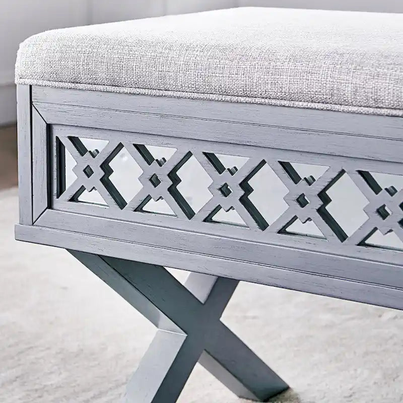 Banc de rangement Leick Home avec plateau relevable, miroir, filigrane en losange et base en X