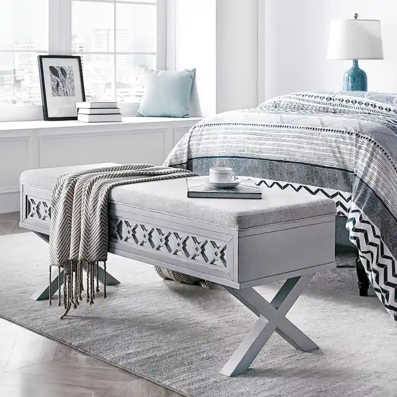 Banc de rangement Leick Home avec plateau relevable, miroir, filigrane en losange et base en X