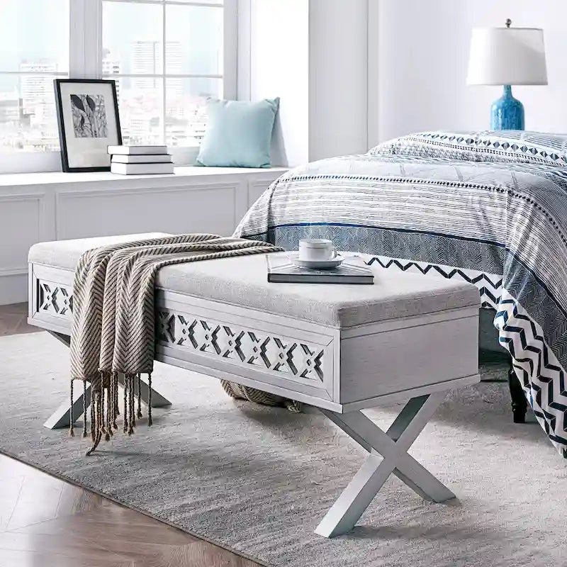 Banc de rangement Leick Home avec plateau relevable, miroir, filigrane en losange et base en X