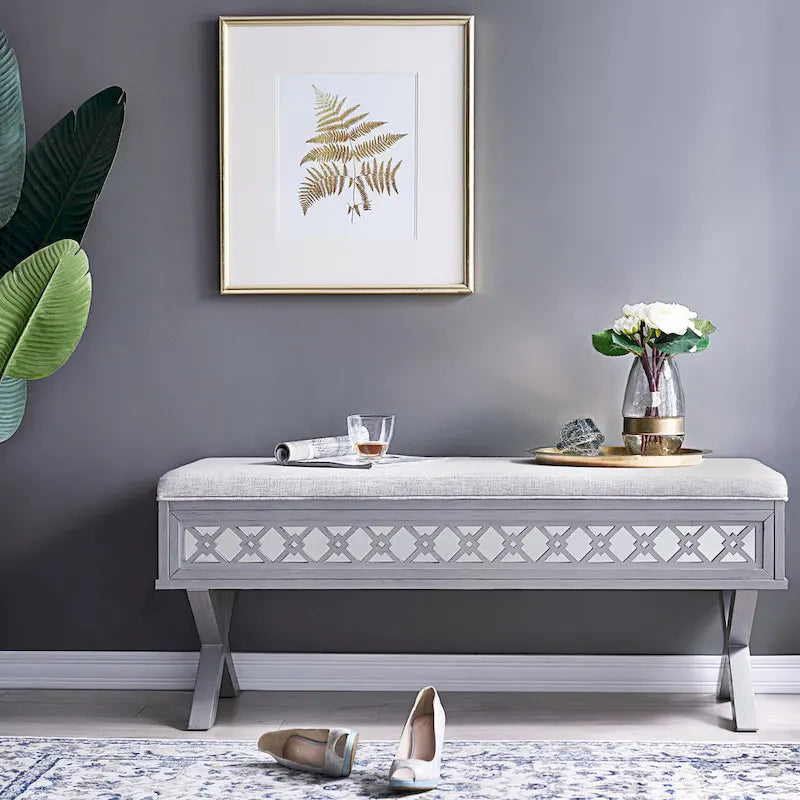 Banc de rangement Leick Home avec plateau relevable, miroir, filigrane en losange et base en X
