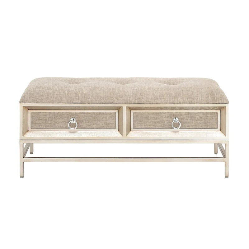 Banc de rangement rembourré en lin à 2 tiroirs avec assise capitonnée et poignées en anneau - beige - Roche River Decor