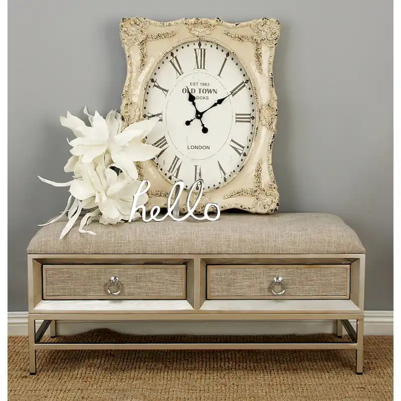 Banc de rangement rembourré en lin à 2 tiroirs avec assise capitonnée et poignées en anneau - beige - Roche River Decor