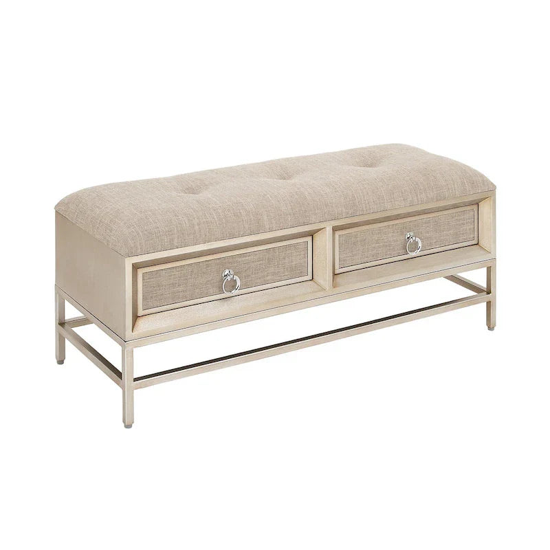 Banc de rangement rembourré en lin à 2 tiroirs avec assise capitonnée et poignées en anneau - beige - Roche River Decor