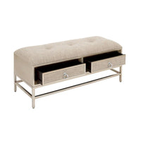 Banc de rangement rembourré en lin à 2 tiroirs avec assise capitonnée et poignées en anneau - beige - Roche River Decor