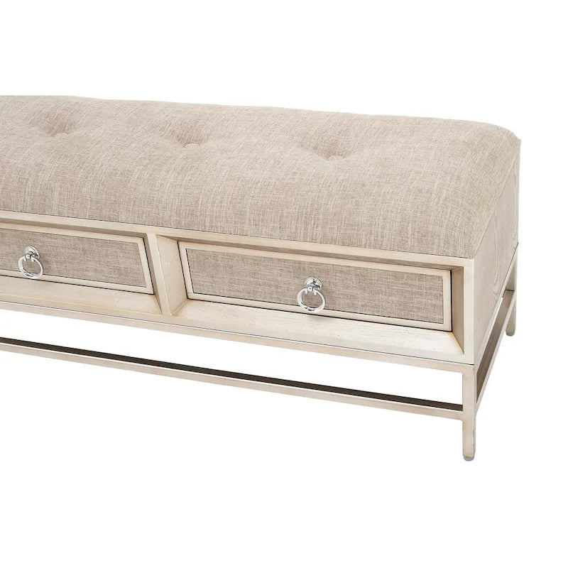 Banc de rangement rembourré en lin à 2 tiroirs avec assise capitonnée et poignées en anneau - beige - Roche River Decor