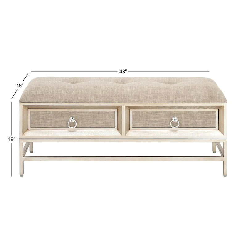 Banc de rangement rembourré en lin à 2 tiroirs avec assise capitonnée et poignées en anneau - beige - Roche River Decor