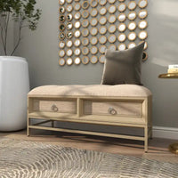 Banc de rangement rembourré en lin à 2 tiroirs avec assise capitonnée et poignées en anneau - beige - Roche River Decor