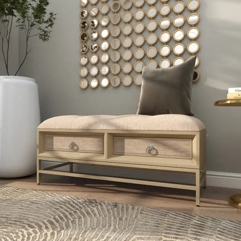 Banc de rangement rembourré en lin à 2 tiroirs avec assise capitonnée et poignées en anneau - beige - Roche River Decor