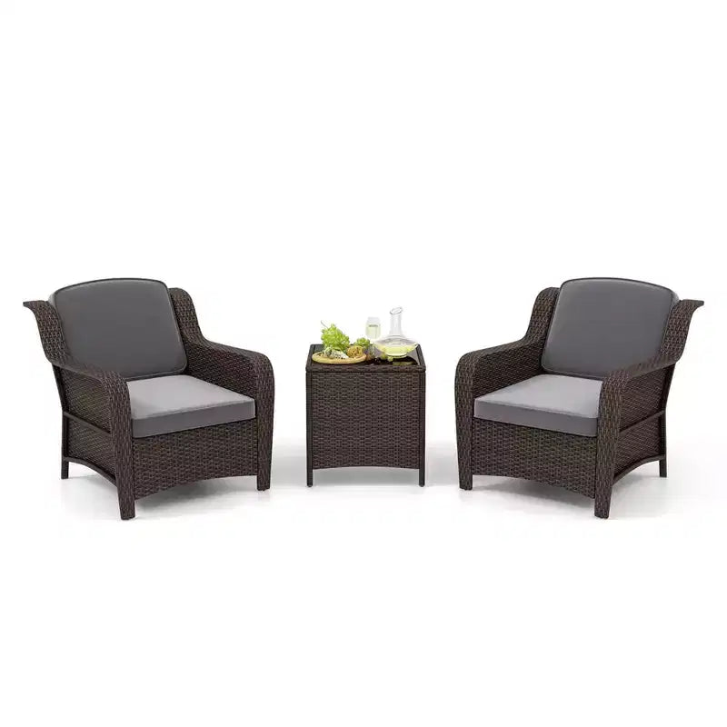 Ensemble de mobilier de patio Costway 3 pièces avec coussins et table basse en verre trempé