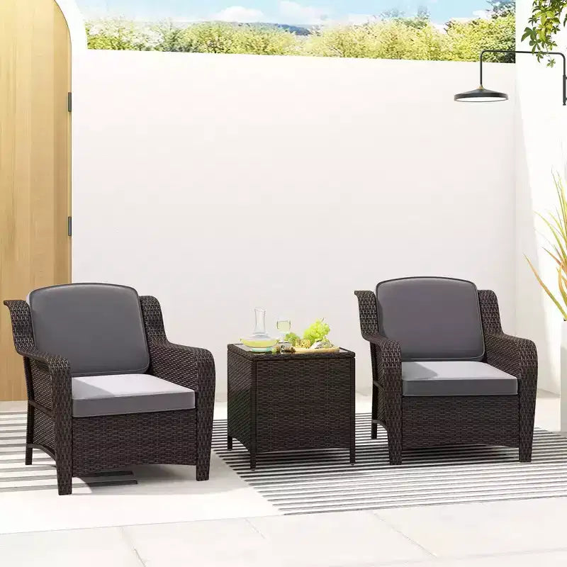 Ensemble de mobilier de patio Costway 3 pièces avec coussins et table basse en verre trempé