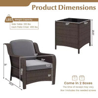 Ensemble de mobilier de patio Costway 3 pièces avec coussins et table basse en verre trempé