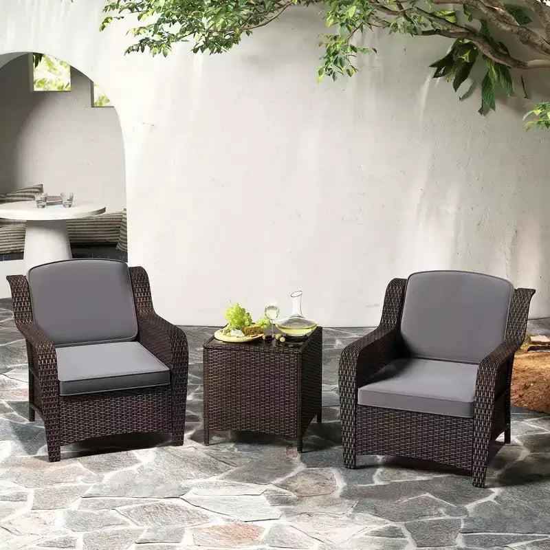 Ensemble de mobilier de patio Costway 3 pièces avec coussins et table basse en verre trempé