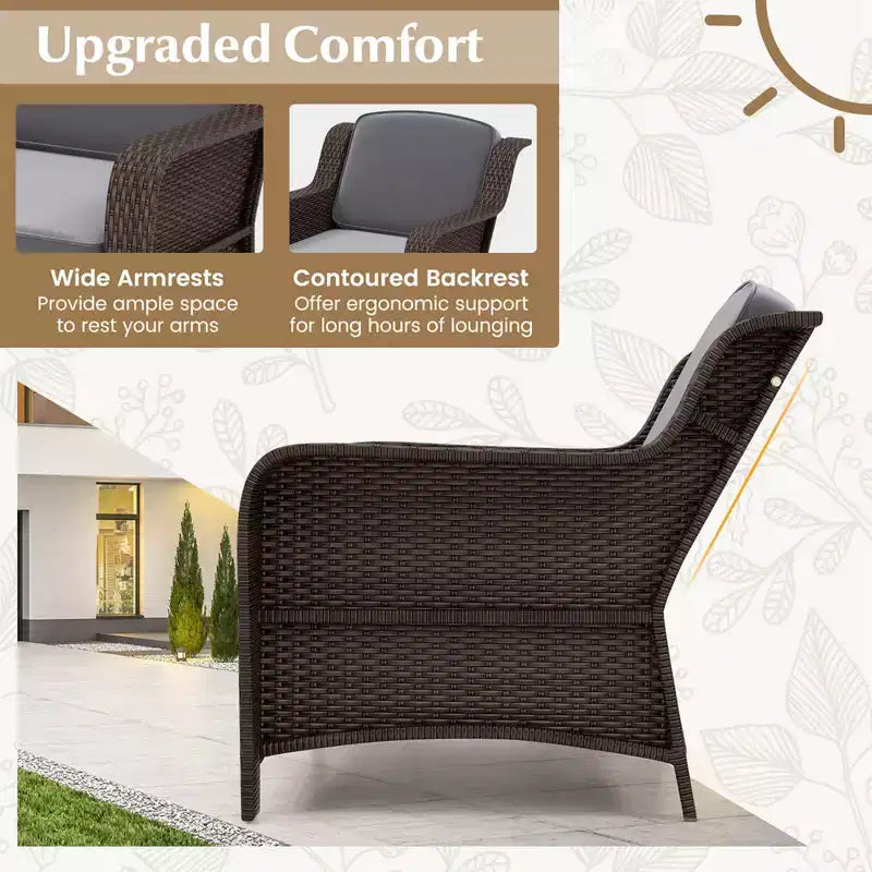 Ensemble de mobilier de patio Costway 3 pièces avec coussins et table basse en verre trempé