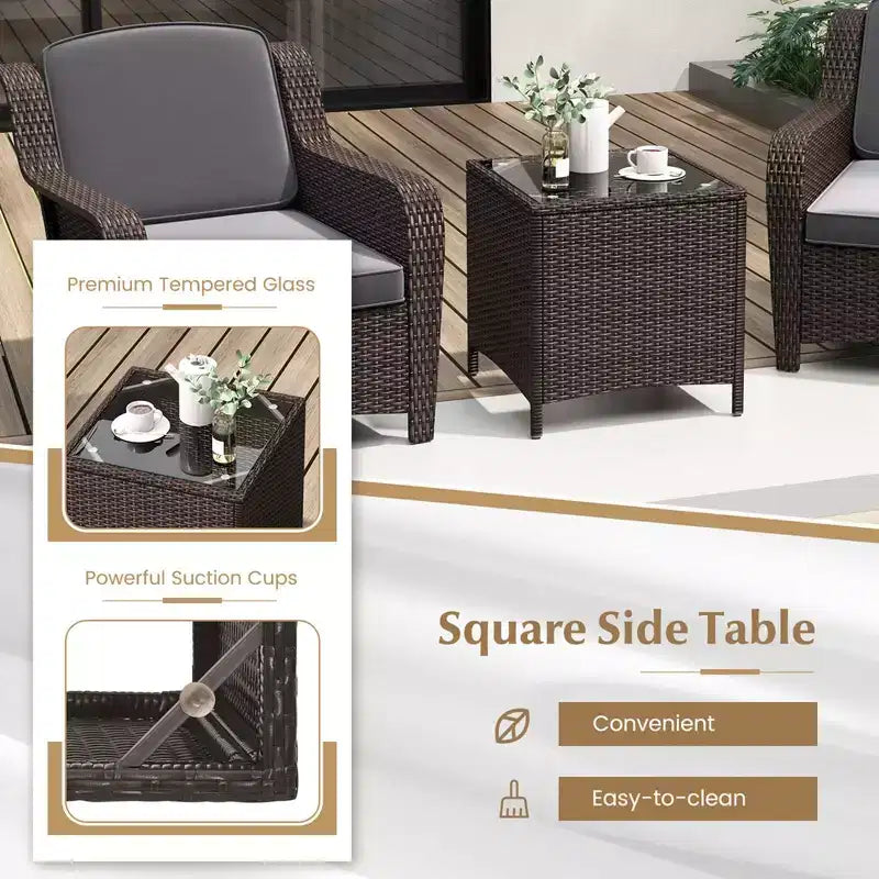 Ensemble de mobilier de patio Costway 3 pièces avec coussins et table basse en verre trempé
