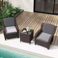 Ensemble de mobilier de patio Costway 3 pièces avec coussins et table basse en verre trempé