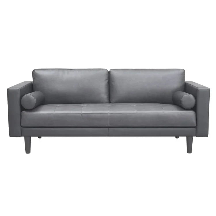 Canapé moderne en cuir véritable avec pieds en bois et coussin traversin supplémentaire