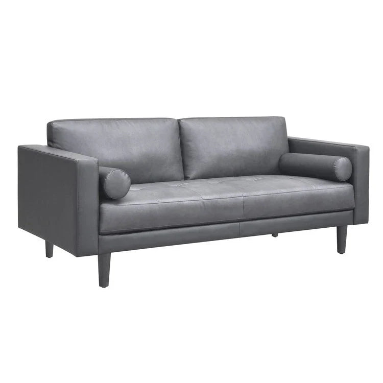 Canapé moderne en cuir véritable avec pieds en bois et coussin traversin supplémentaire