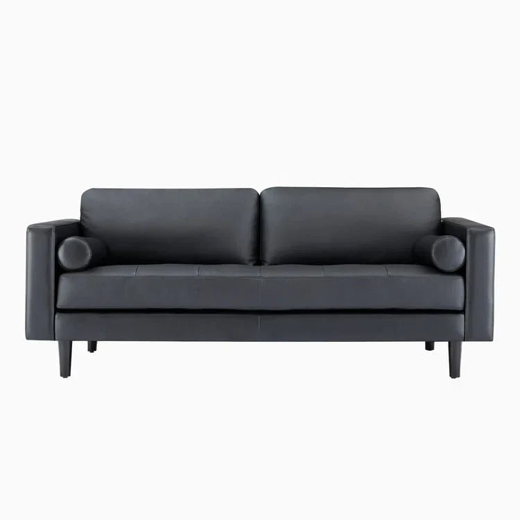 Canapé moderne en cuir véritable avec pieds en bois et coussin traversin supplémentaire