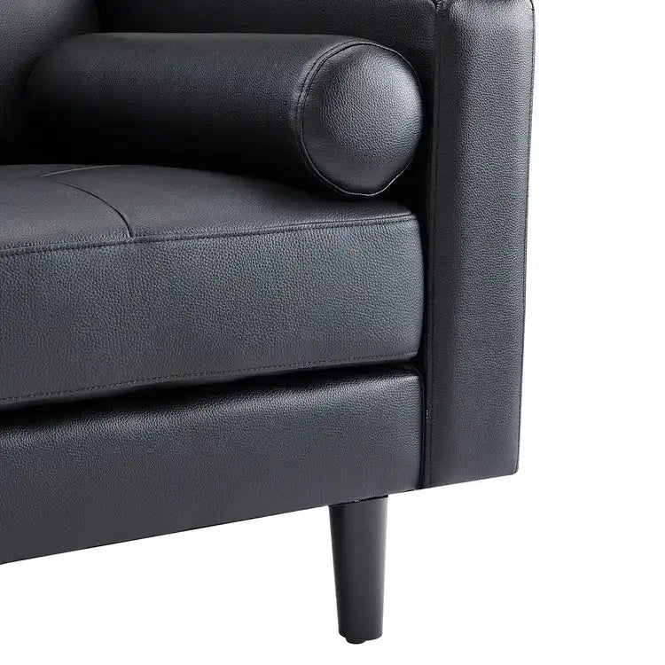 Canapé moderne en cuir véritable avec pieds en bois et coussin traversin supplémentaire