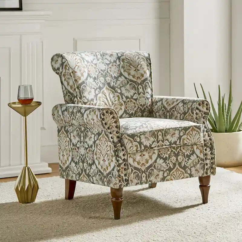 Nyctelius - Fauteuil d'appoint traditionnel en polyester avec accoudoirs roulés et clous décoratifs par HULALA HOME
