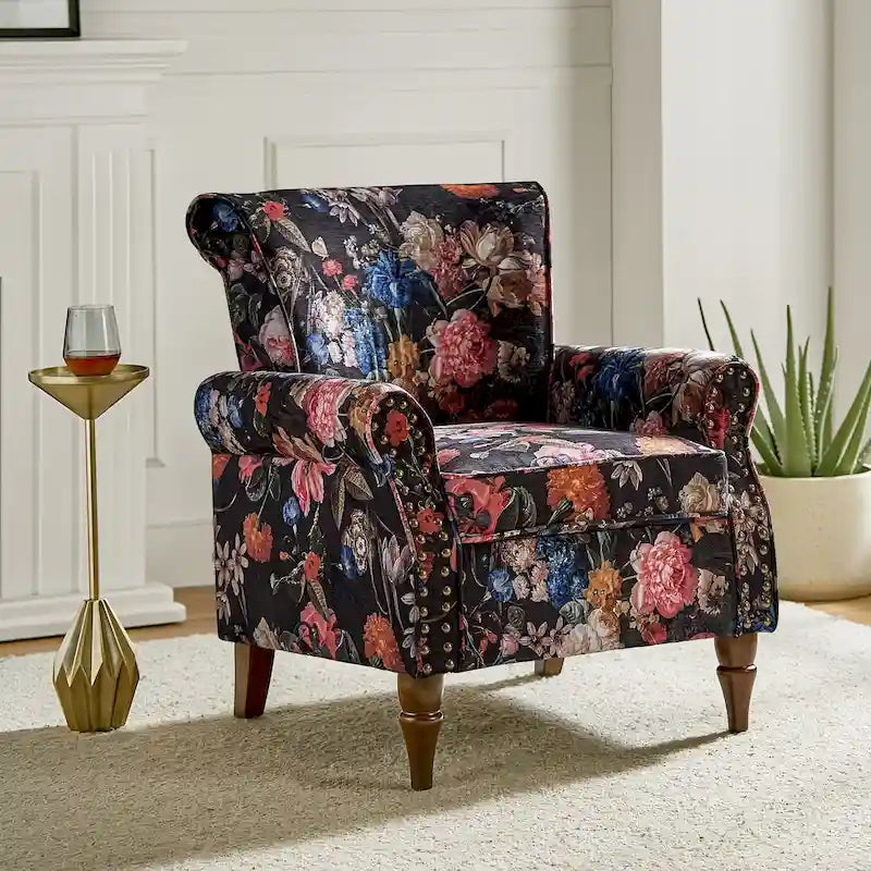 Nyctelius - Fauteuil d'appoint traditionnel en polyester avec accoudoirs roulés et clous décoratifs par HULALA HOME