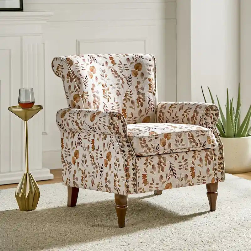 Nyctelius - Fauteuil d'appoint traditionnel en polyester avec accoudoirs roulés et clous décoratifs par HULALA HOME