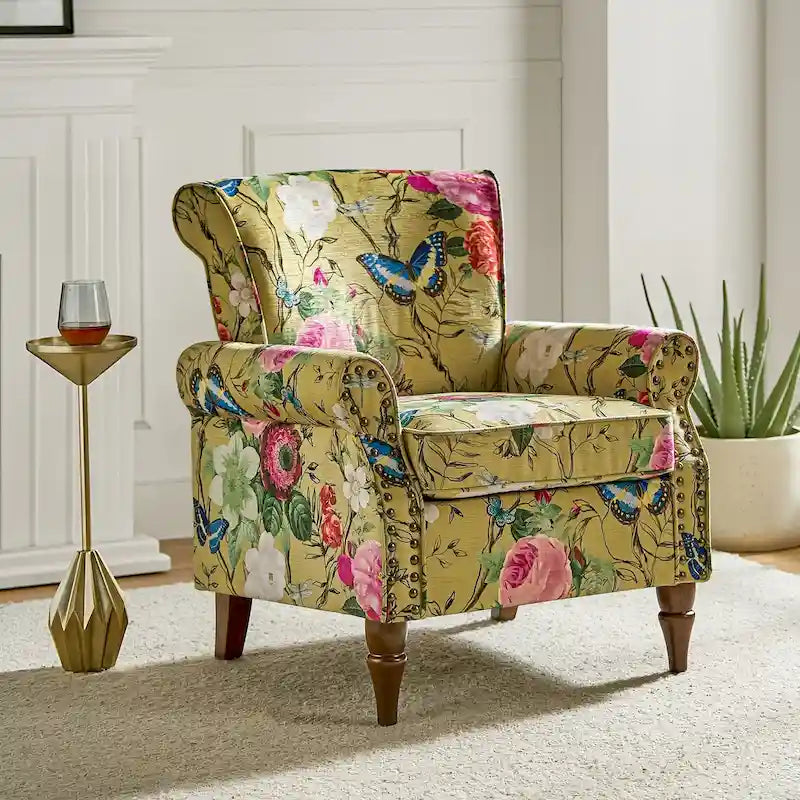 Fauteuil d'appoint traditionnel en polyester Nyctelius avec accoudoirs arrondis et clous décoratifs par HULALA HOME
