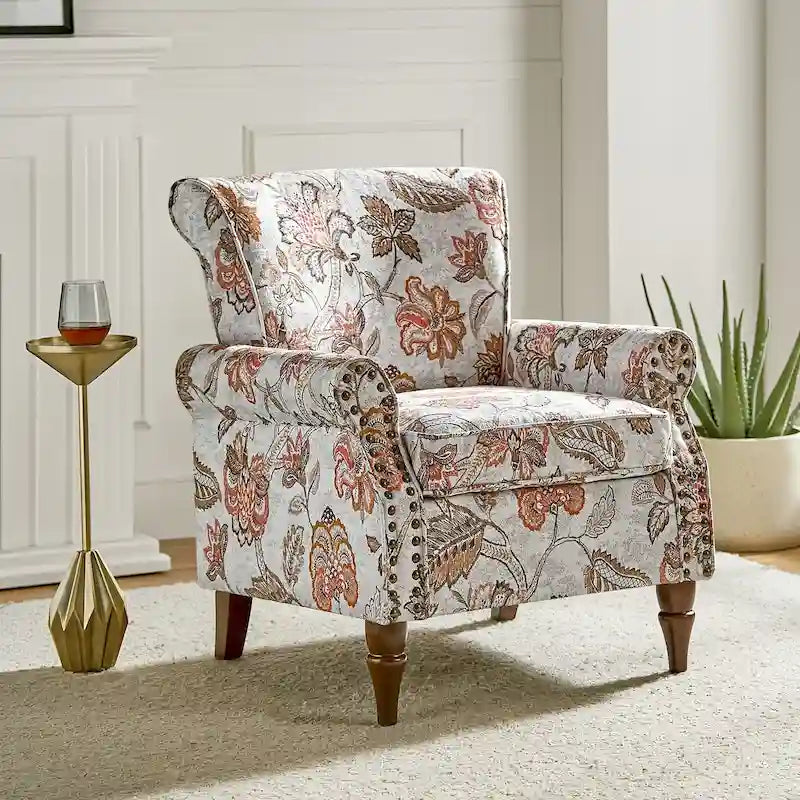 Fauteuil d'appoint traditionnel en polyester Nyctelius avec accoudoirs arrondis et clous décoratifs par HULALA HOME