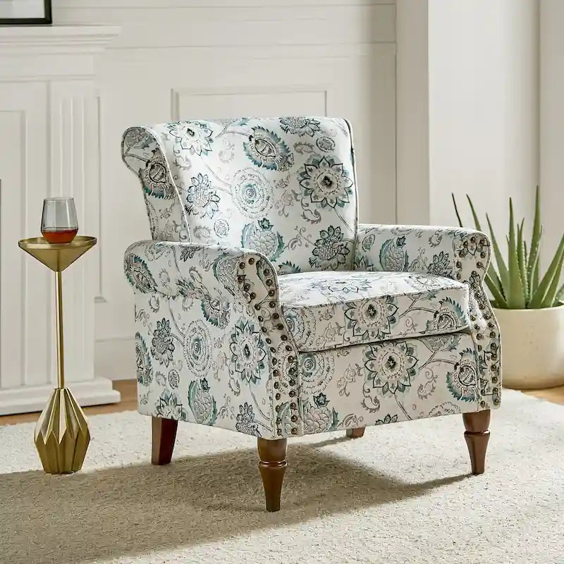 Fauteuil d'appoint traditionnel en polyester Nyctelius avec accoudoirs arrondis et clous décoratifs par HULALA HOME