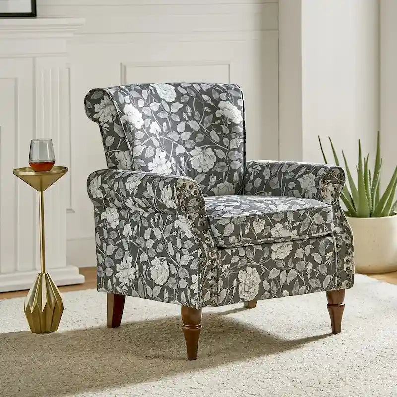 Nyctelius - Fauteuil d'appoint traditionnel en polyester avec accoudoirs roulés et clous décoratifs par HULALA HOME