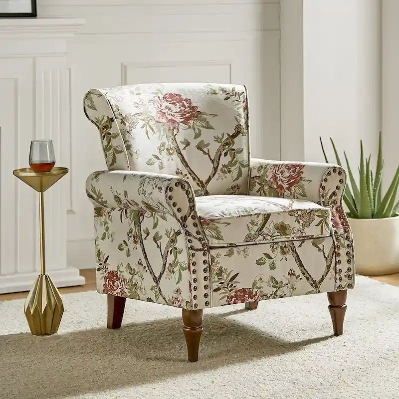 Nyctelius - Fauteuil d'appoint traditionnel en polyester avec accoudoirs roulés et clous décoratifs par HULALA HOME