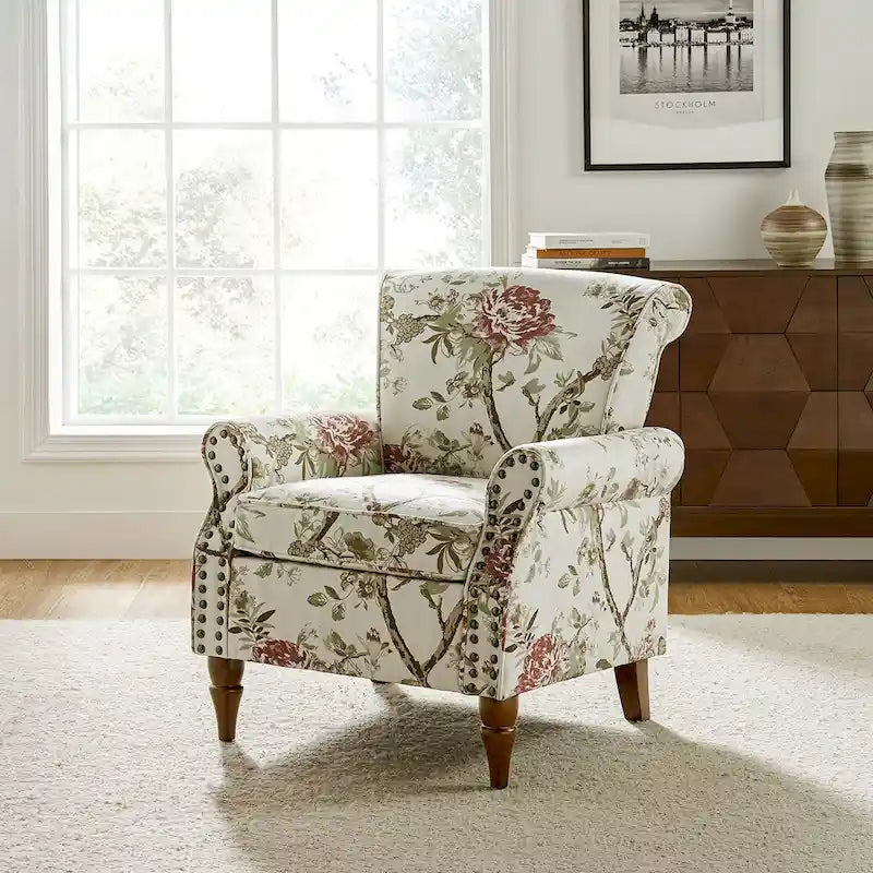 Fauteuil d'appoint traditionnel en polyester Nyctelius avec accoudoirs arrondis et clous décoratifs par HULALA HOME