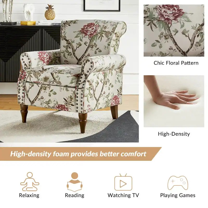 Fauteuil d'appoint traditionnel en polyester Nyctelius avec accoudoirs arrondis et clous décoratifs par HULALA HOME