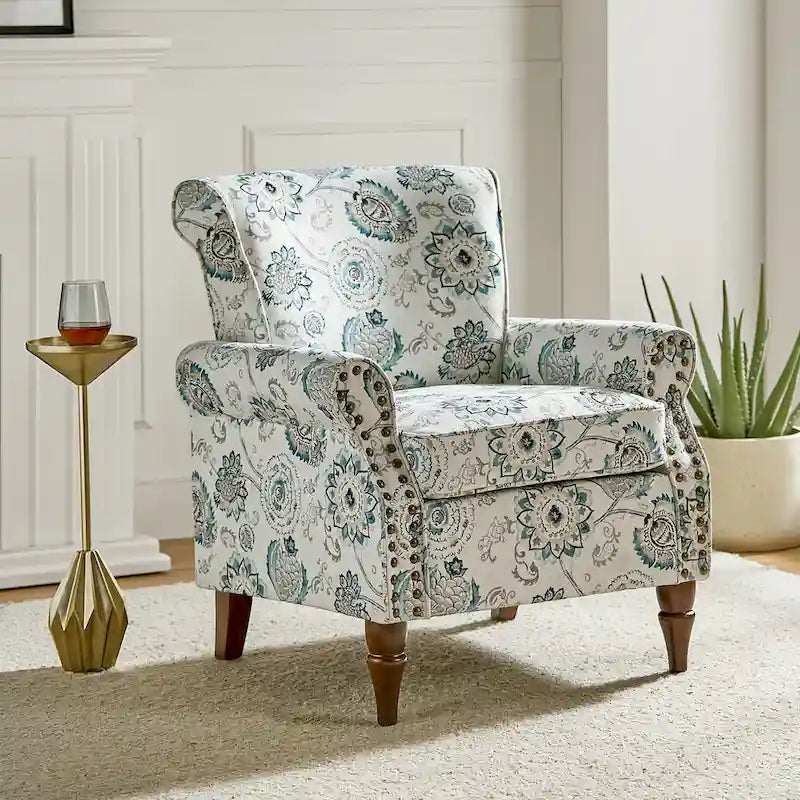 Nyctelius - Fauteuil d'appoint traditionnel en polyester avec accoudoirs roulés et clous décoratifs par HULALA HOME