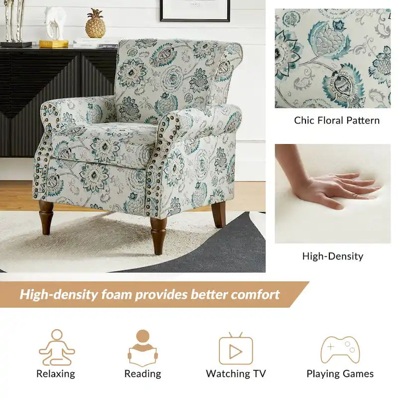 Nyctelius - Fauteuil d'appoint traditionnel en polyester avec accoudoirs roulés et clous décoratifs par HULALA HOME
