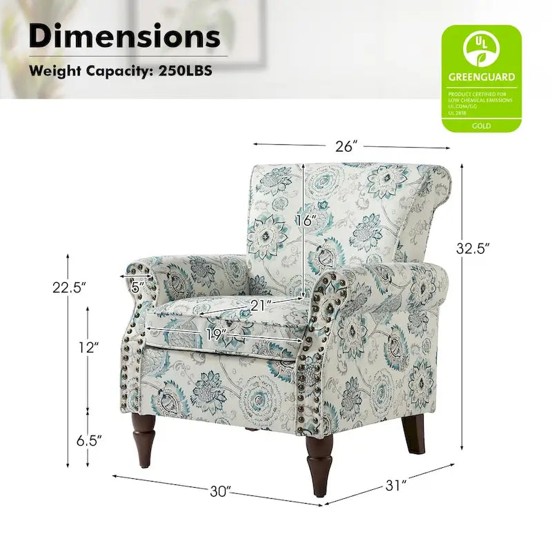 Nyctelius - Fauteuil d'appoint traditionnel en polyester avec accoudoirs roulés et clous décoratifs par HULALA HOME