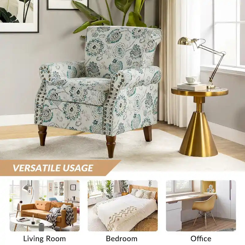 Nyctelius - Fauteuil d'appoint traditionnel en polyester avec accoudoirs roulés et clous décoratifs par HULALA HOME