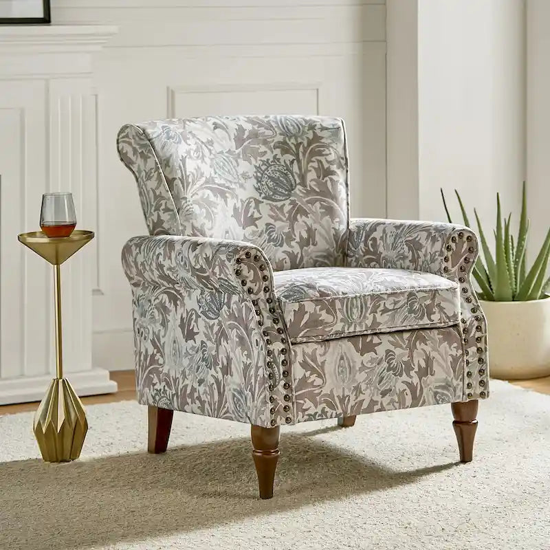 Nyctelius - Fauteuil d'appoint traditionnel en polyester avec accoudoirs roulés et clous décoratifs par HULALA HOME