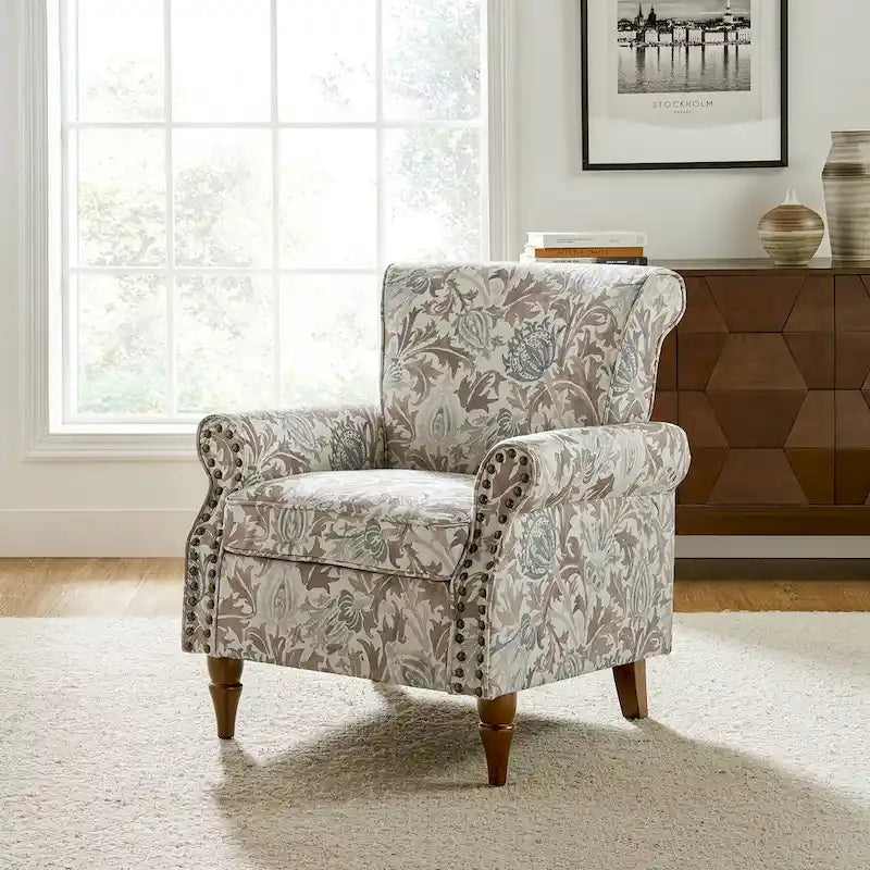 Fauteuil d'appoint traditionnel en polyester Nyctelius avec accoudoirs arrondis et clous décoratifs par HULALA HOME