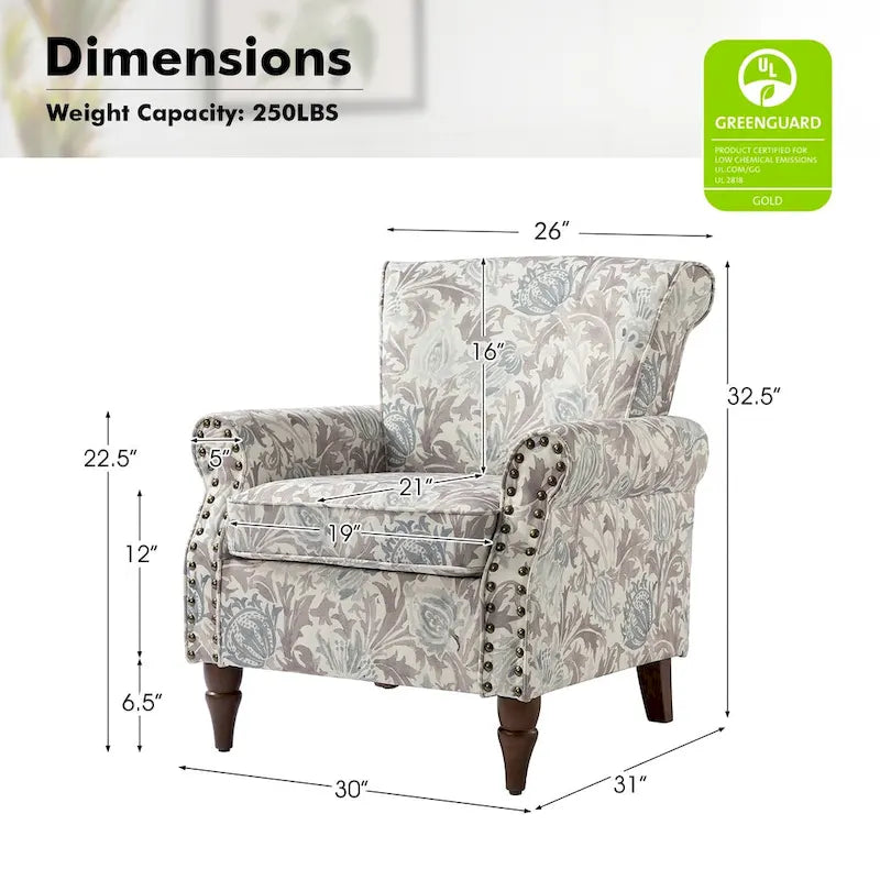 Nyctelius - Fauteuil d'appoint traditionnel en polyester avec accoudoirs roulés et clous décoratifs par HULALA HOME