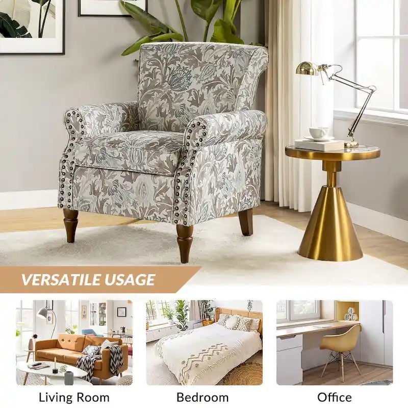 Nyctelius - Fauteuil d'appoint traditionnel en polyester avec accoudoirs roulés et clous décoratifs par HULALA HOME