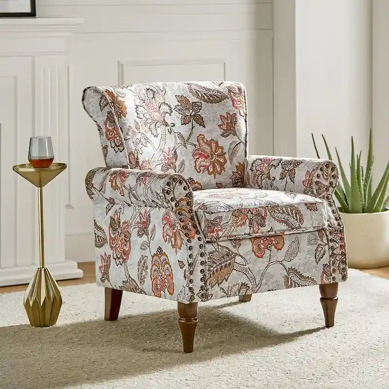 Fauteuil d'appoint traditionnel en polyester Nyctelius avec accoudoirs arrondis et clous décoratifs par HULALA HOME