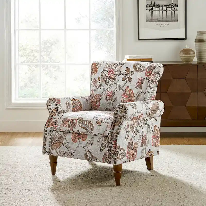 Nyctelius - Fauteuil d'appoint traditionnel en polyester avec accoudoirs roulés et clous décoratifs par HULALA HOME