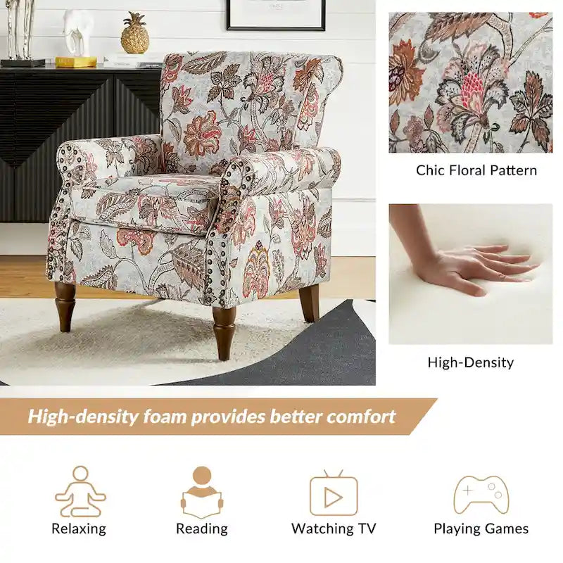 Fauteuil d'appoint traditionnel en polyester Nyctelius avec accoudoirs arrondis et clous décoratifs par HULALA HOME